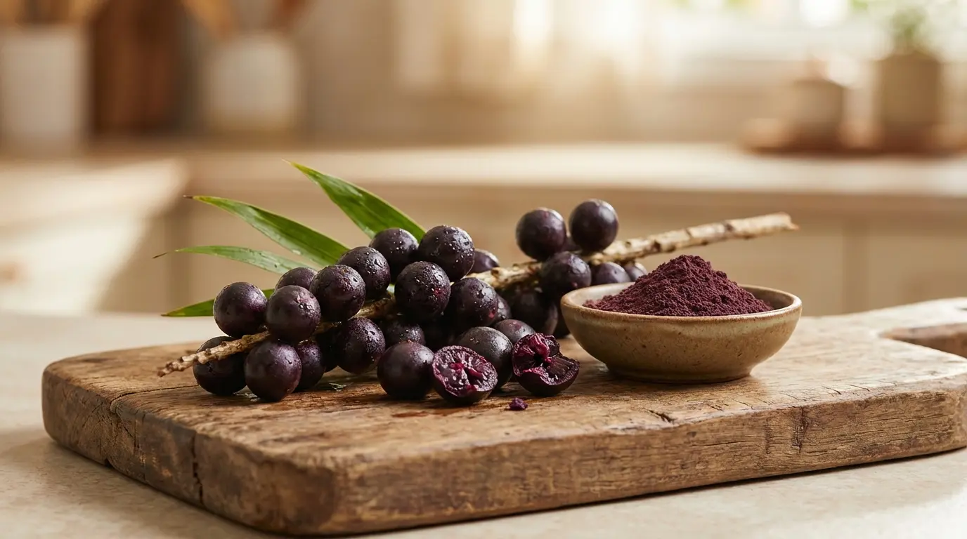 Close-up van verse acai bessen op een tak met vriesgedroogd acai poeder in een keramische kom