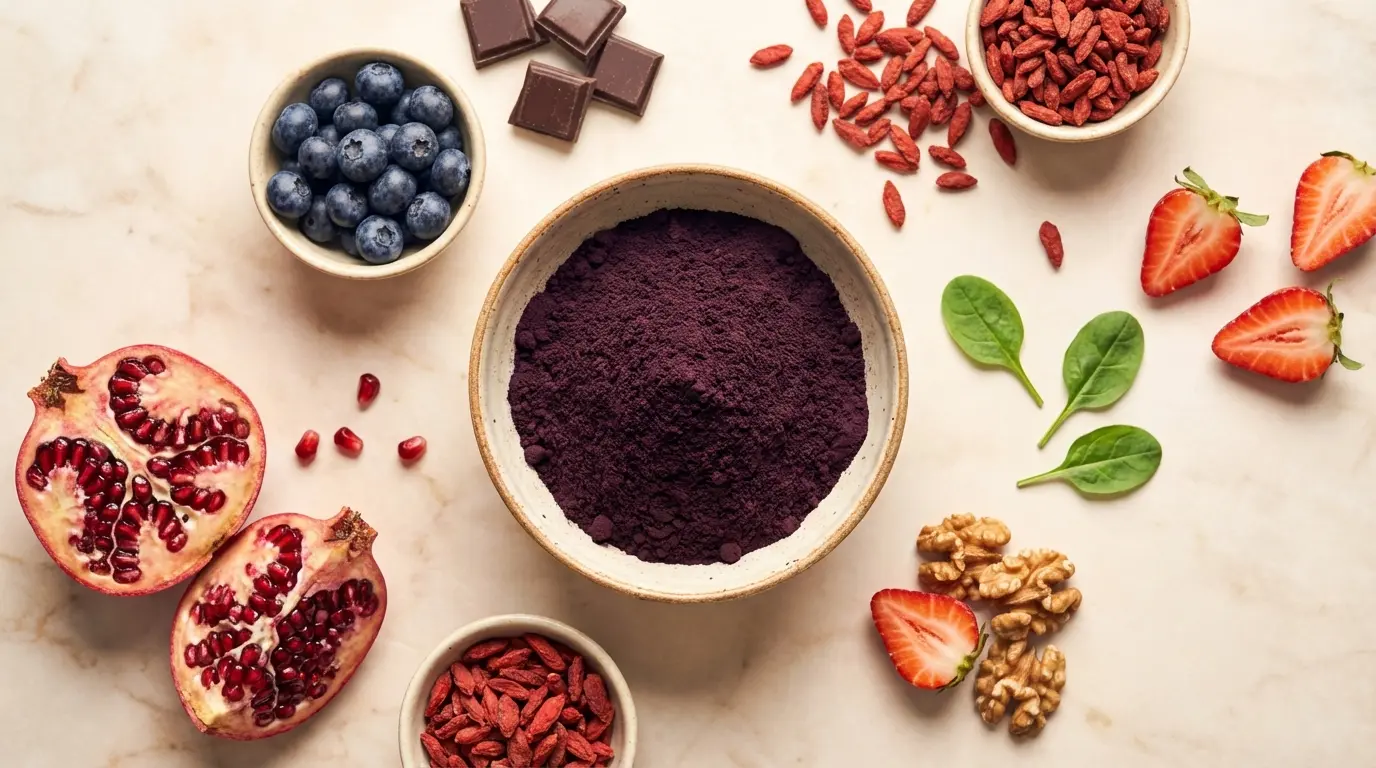 Flatlay van antioxidantrijk voedsel: acai poeder, bosbessen, donkere chocolade, granaatappel, goji bessen, aardbeien en spinazie