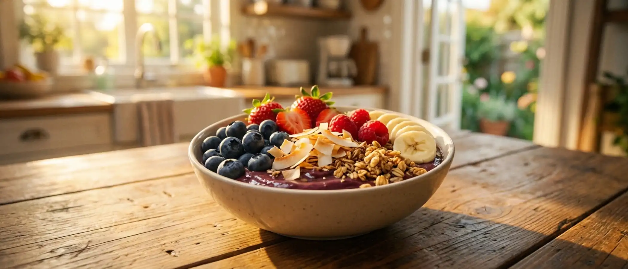 Een prachtig opgemaakte acai bowl met vers fruit, granola en kokos