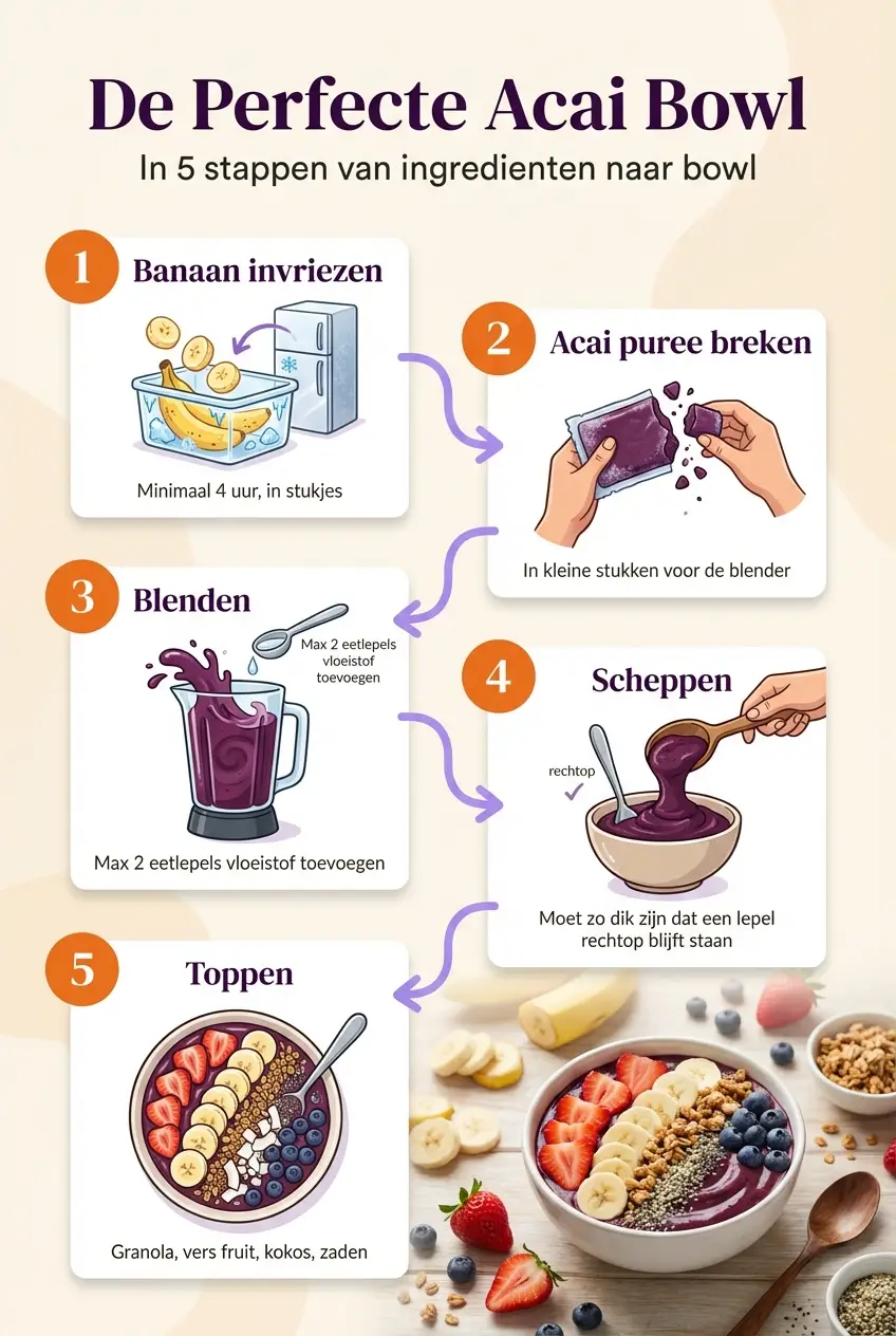 Infographic: de perfecte acai bowl in 5 stappen — van banaan invriezen tot toppen met granola en fruit
